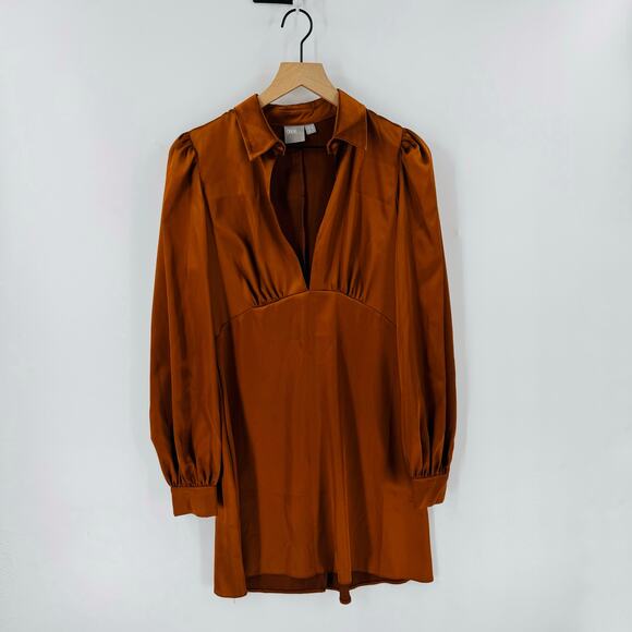 ASOS Rust Satin Mini Dress Size 6 Collared Deep V Neck Fall Party Dress Babydoll - Picture 1 of 6